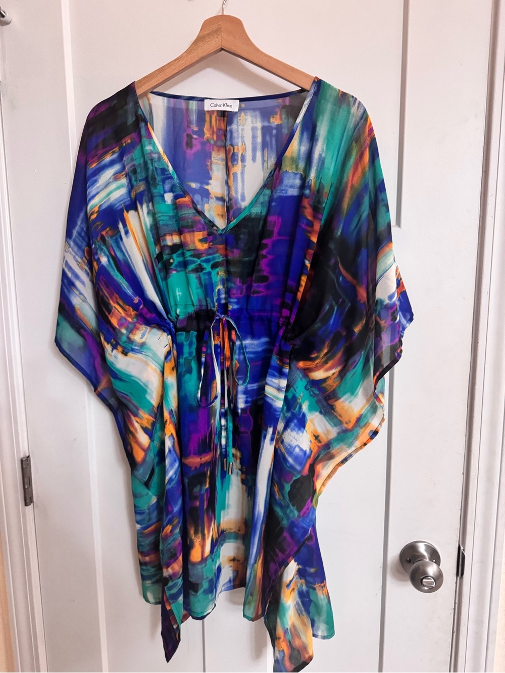 Calvin Klein Teal Purple Orange Abstract V-Neck Kimono Swimsuit Coverup